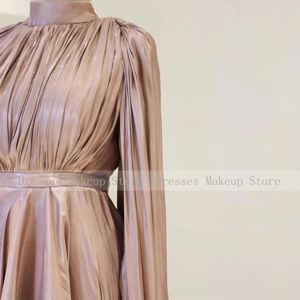 Modest Evening Dresses for Women 2025 High Collar Puffy Long Sleeves Evening Gowns Long Pleated A Line Saudi Arabian Formal Gown