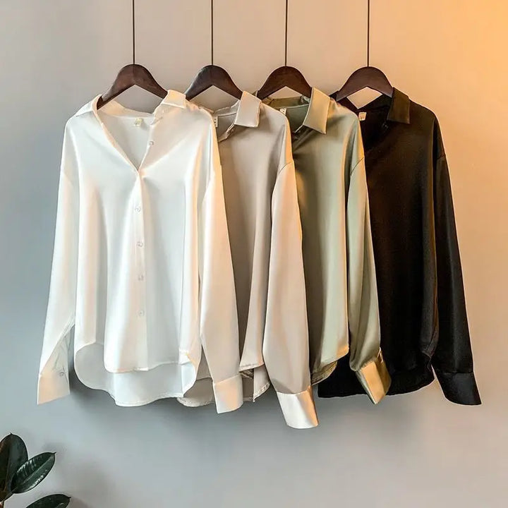 Elegant Luxury Shirts For Women Long Sleeves Satin Blouses Office Lady Loose Button Up Female Outfit White Top Spring Autumn New