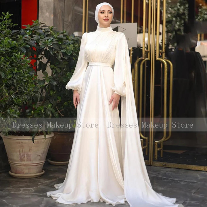 Modest Evening Dresses for Women 2025 High Collar Puffy Long Sleeves Evening Gowns Long Pleated A Line Saudi Arabian Formal Gown