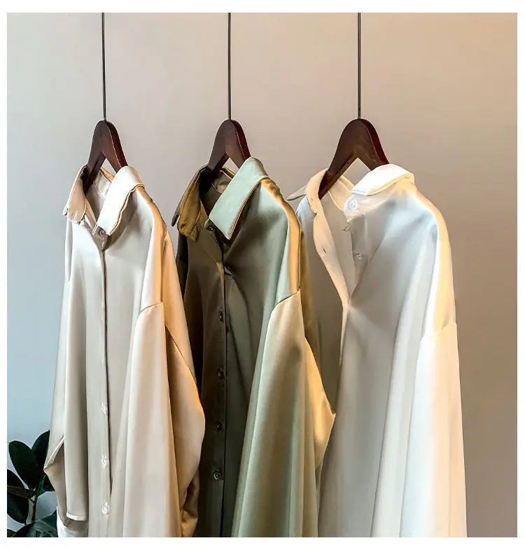 Elegant Luxury Shirts For Women Long Sleeves Satin Blouses Office Lady Loose Button Up Female Outfit White Top Spring Autumn New