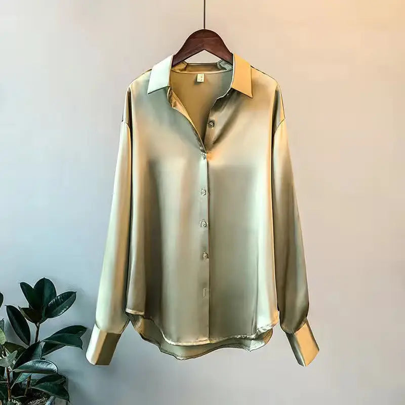 Elegant Luxury Shirts For Women Long Sleeves Satin Blouses Office Lady Loose Button Up Female Outfit White Top Spring Autumn New
