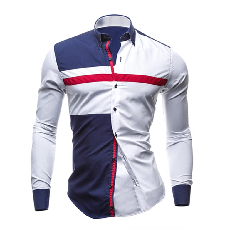 Men Long Sleeve Shirt 2025 Spring Striped Shirts Slim Fit Male Casual Social Patchwork Shirt Turn-down Collar Camisa Masculina