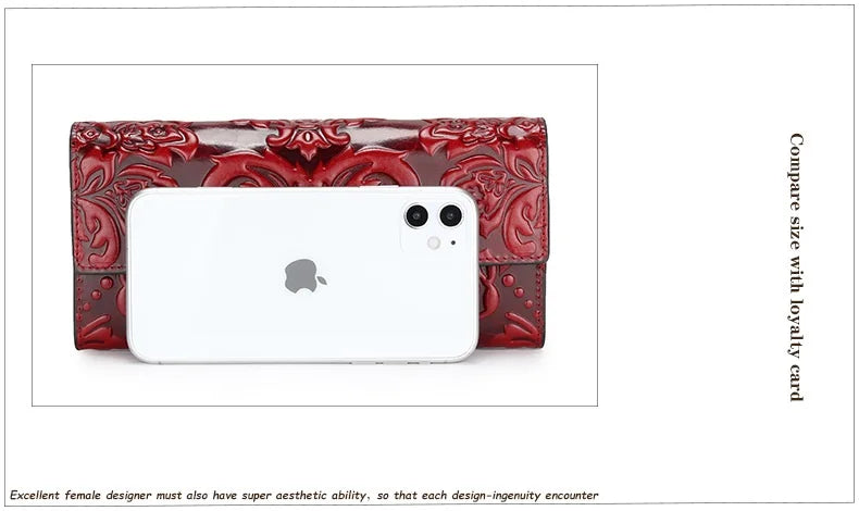 Genuine Leather Purse Women Large Real Leather Clutch Long Women's Cow Leather Purses Floral Ladies Wallets