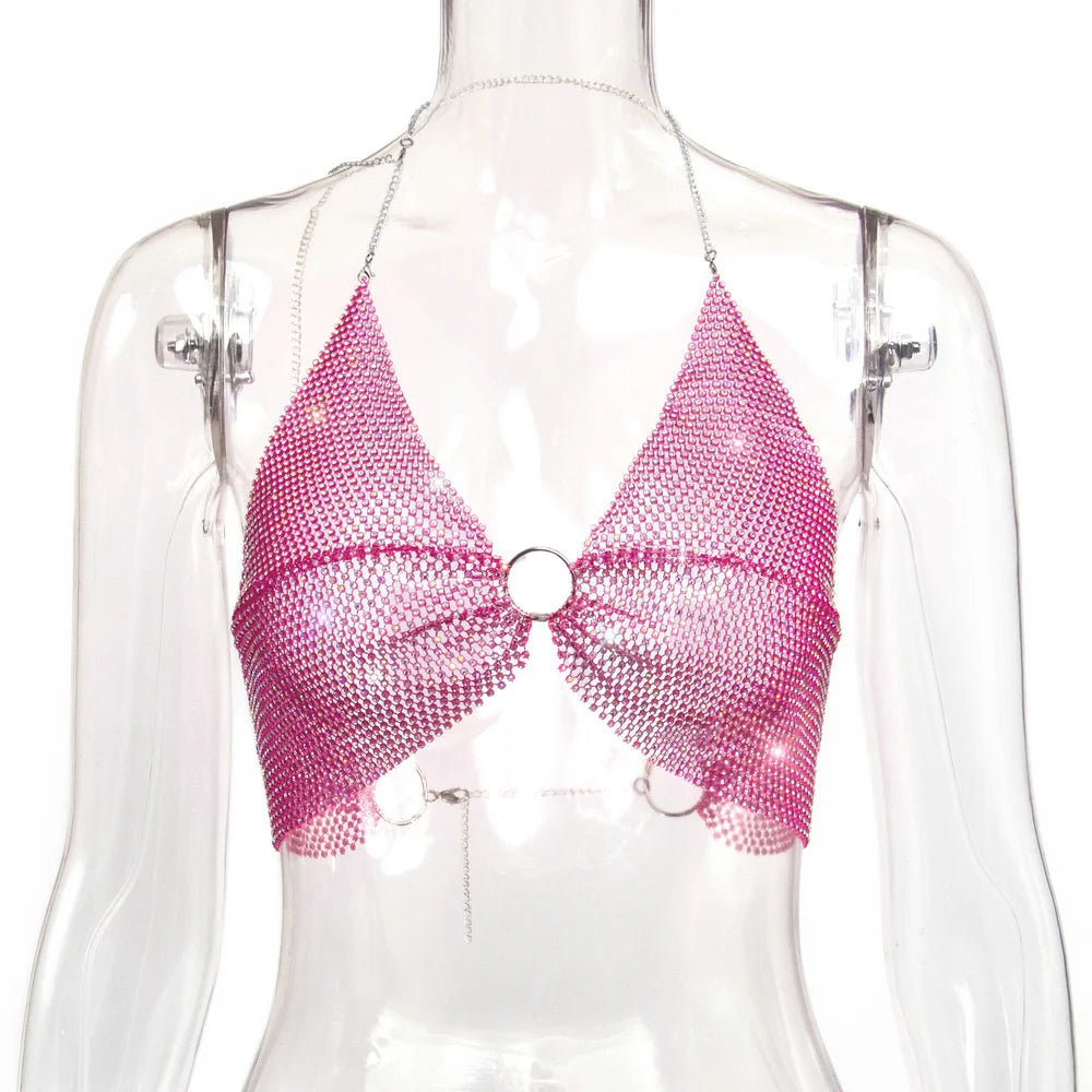 Sexy black White Summer crop top women festival Beach club outfits Party tank top t shirt woman Halter Rhinestones tops topy Hot