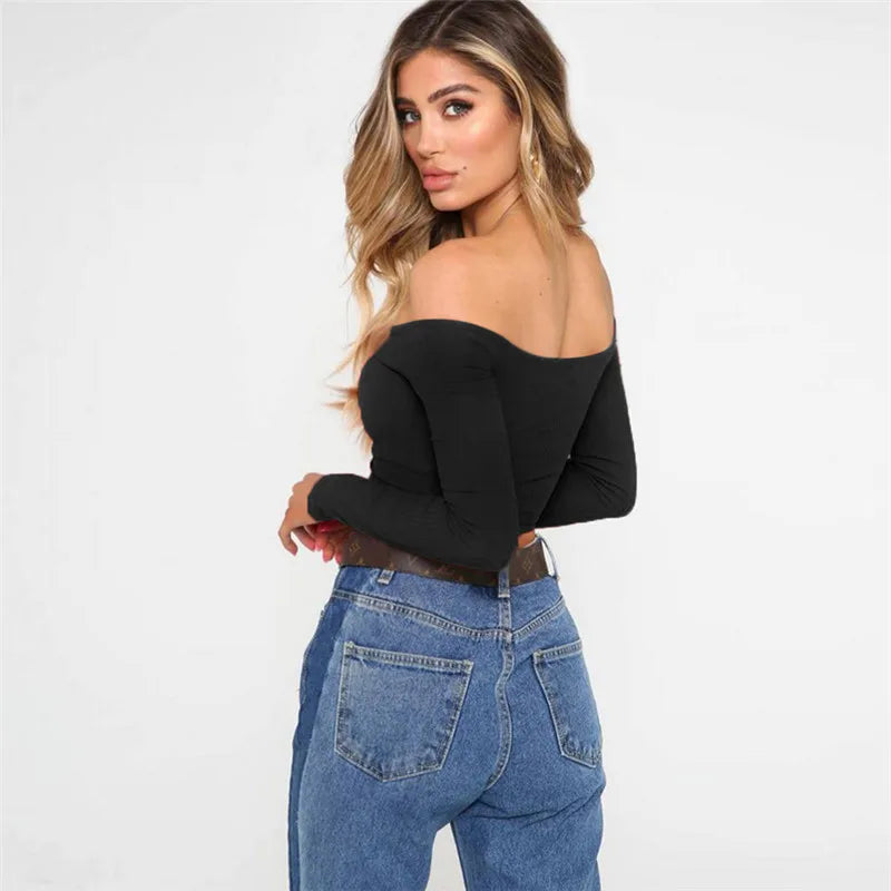 women T-shirts sexy and club fashion female T-shirt long sleeve off shoulder solid color lady Tshirt autumn basic tees
