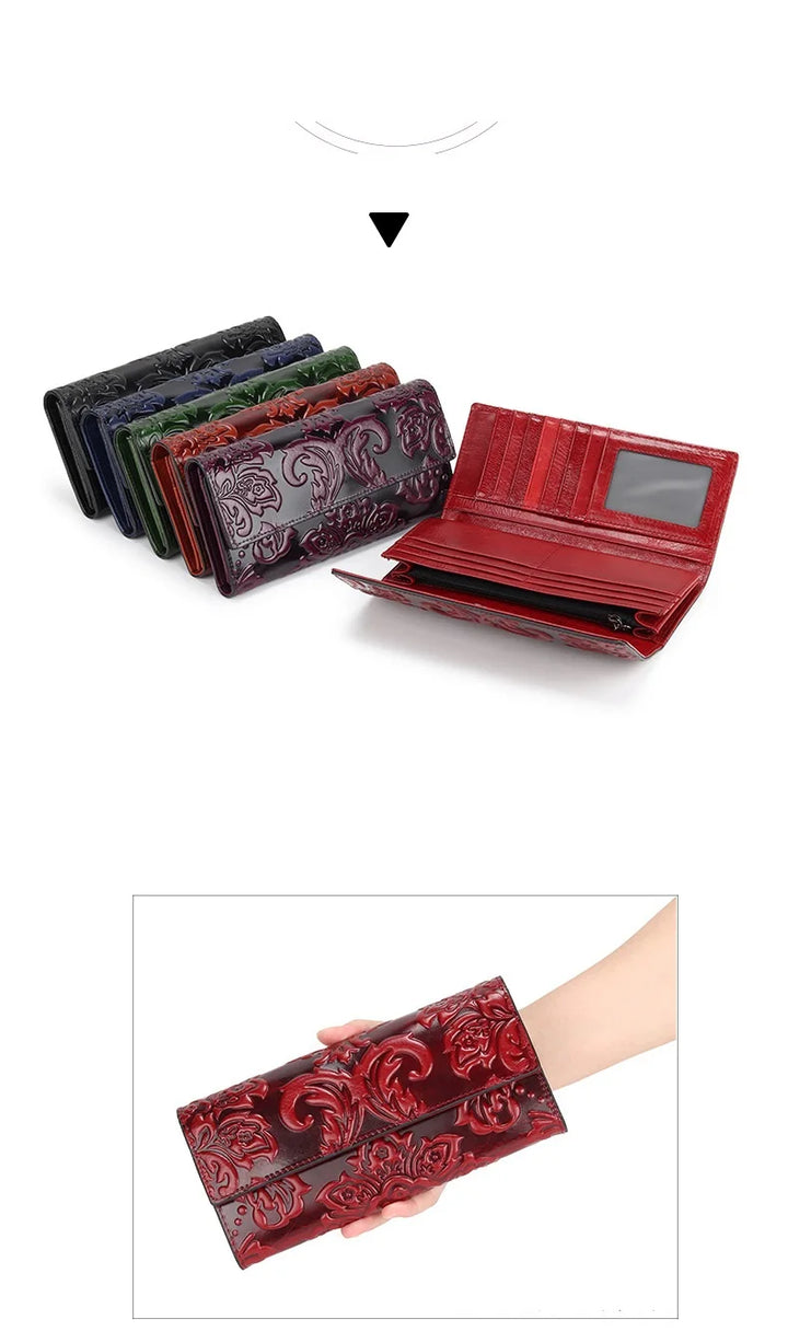 Genuine Leather Purse Women Large Real Leather Clutch Long Women's Cow Leather Purses Floral Ladies Wallets