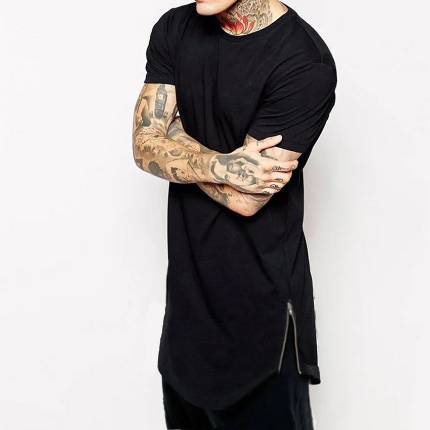New Summer Best Seller Mens T Shirts Solid Color Round Neck Bottom Side Zipper Fashion Hip-hop Style White Short Sleeve Male