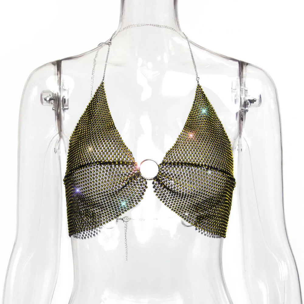 Sexy black White Summer crop top women festival Beach club outfits Party tank top t shirt woman Halter Rhinestones tops topy Hot