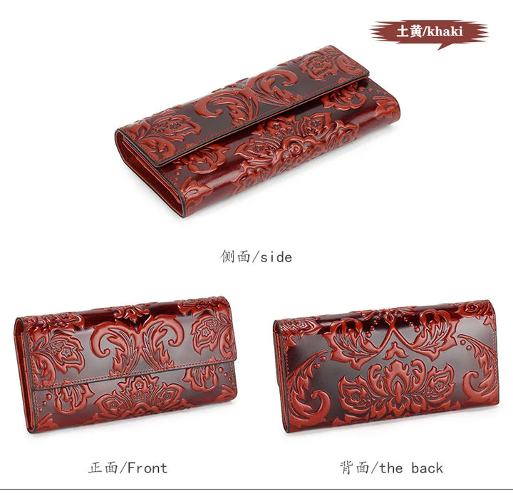 Genuine Leather Purse Women Large Real Leather Clutch Long Women's Cow Leather Purses Floral Ladies Wallets