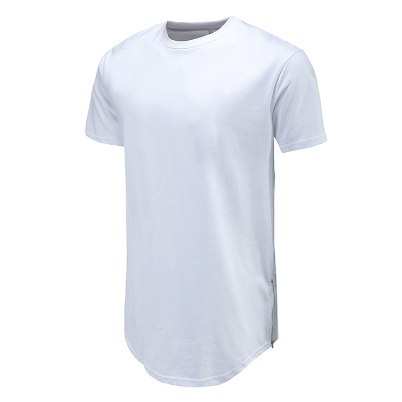 New Summer Best Seller Mens T Shirts Solid Color Round Neck Bottom Side Zipper Fashion Hip-hop Style White Short Sleeve Male