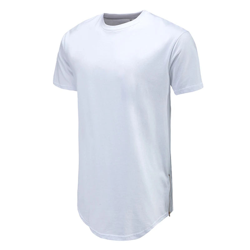New Summer Best Seller Mens T Shirts Solid Color Round Neck Bottom Side Zipper Fashion Hip-hop Style White Short Sleeve Male