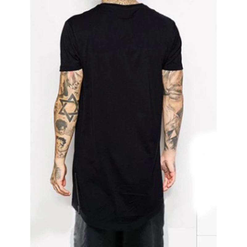 New Summer Best Seller Mens T Shirts Solid Color Round Neck Bottom Side Zipper Fashion Hip-hop Style White Short Sleeve Male