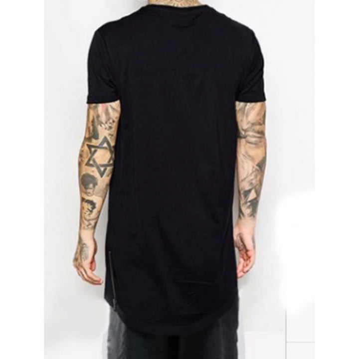 New Summer Best Seller Mens T Shirts Solid Color Round Neck Bottom Side Zipper Fashion Hip-hop Style White Short Sleeve Male