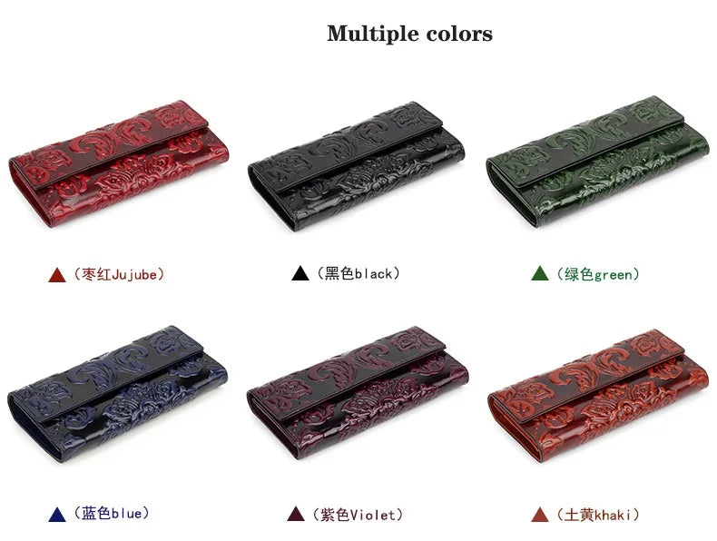Genuine Leather Purse Women Large Real Leather Clutch Long Women's Cow Leather Purses Floral Ladies Wallets