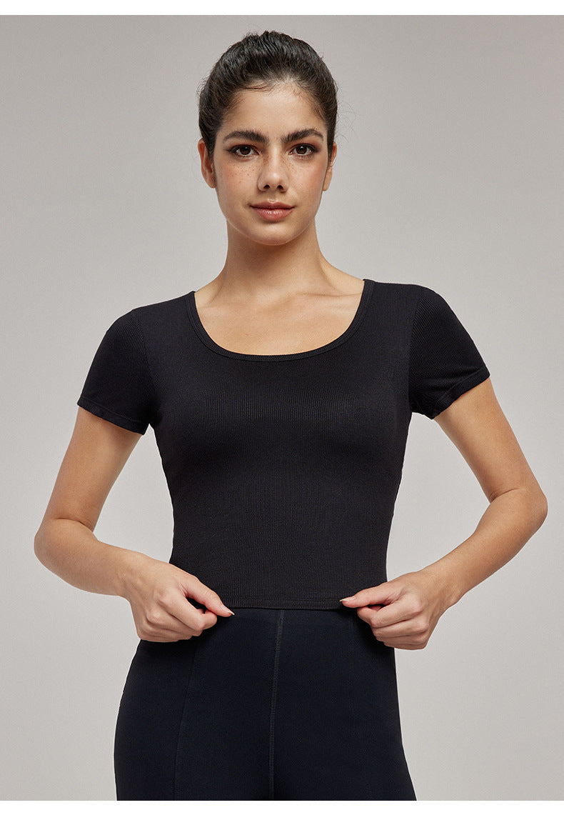 High-End Yoga Top for Women Summer Fitted Sports Short-Sleeve T-shirt Breathable Anti-Slip Cup Design
