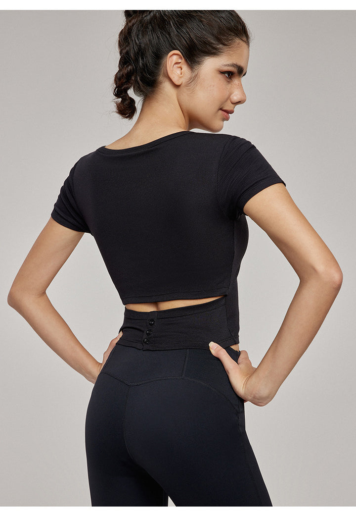 High-End Yoga Top for Women Summer Fitted Sports Short-Sleeve T-shirt Breathable Anti-Slip Cup Design