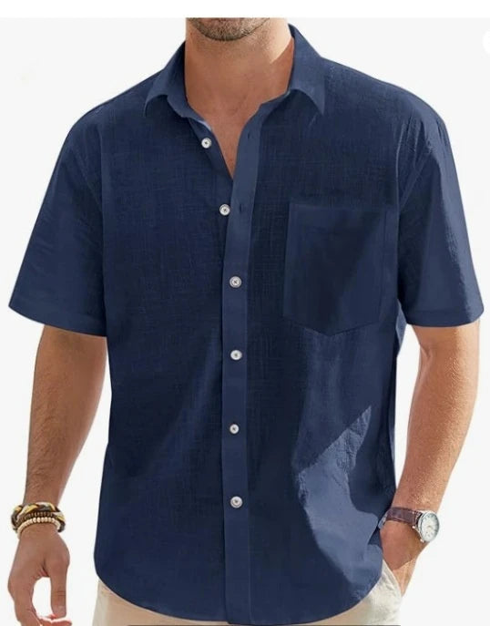 Men's Summer New Style European and American Fashion Classic Comfortable Breathable Cotton and Hemp Solid Color Top Shirt