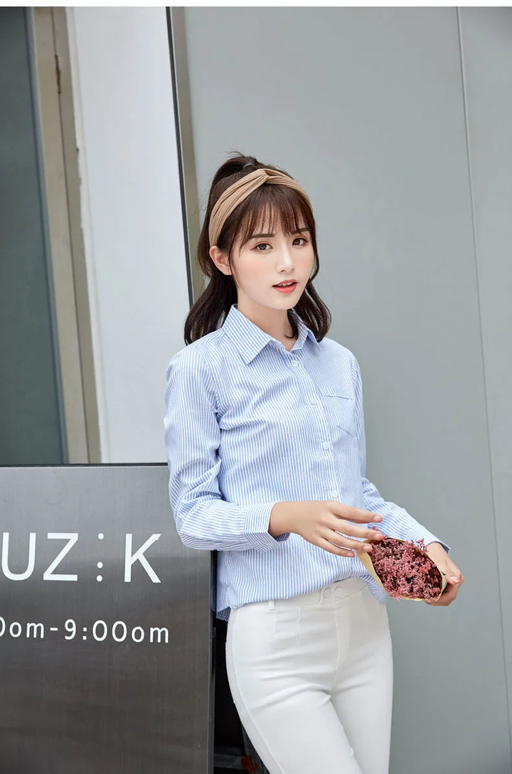 White Blue Pink Striped Shirt Women 2024 Spring New Simple Casual Long Sleeves Blouses and Tops Office Fashion Ladies Clothes