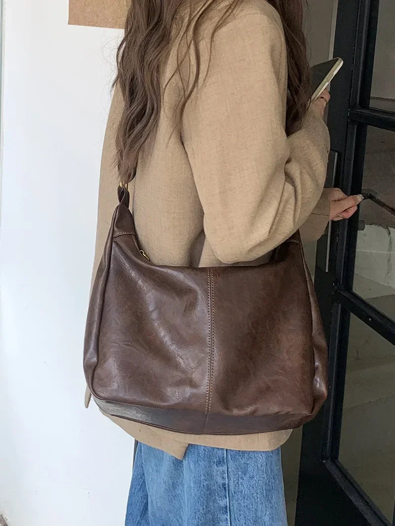 Women’s Soft PU Leather Tote – Foldable Slouchy Crossbody Handbag with Zipper