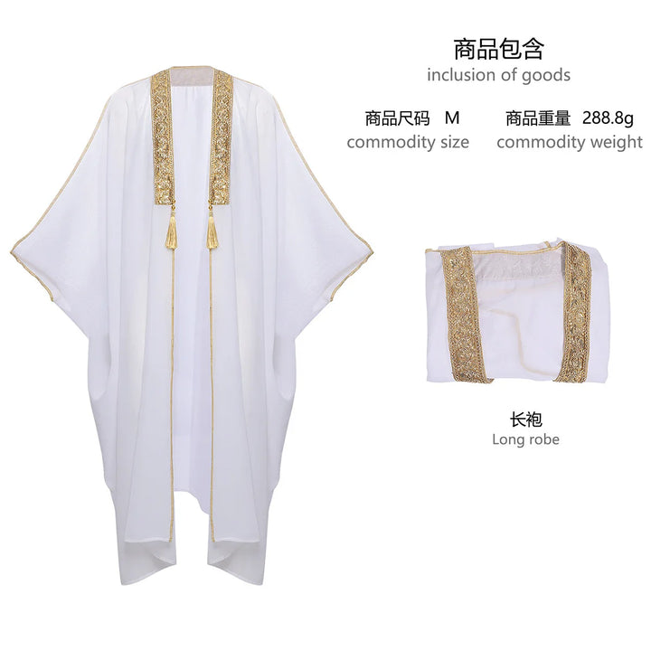 Men's Muslim Kimono-style Chiffon Robe Turkish Arabic Islamic Men's Muslim Robe Cosplay Ramadan Embroidered Robe Prayer Garment