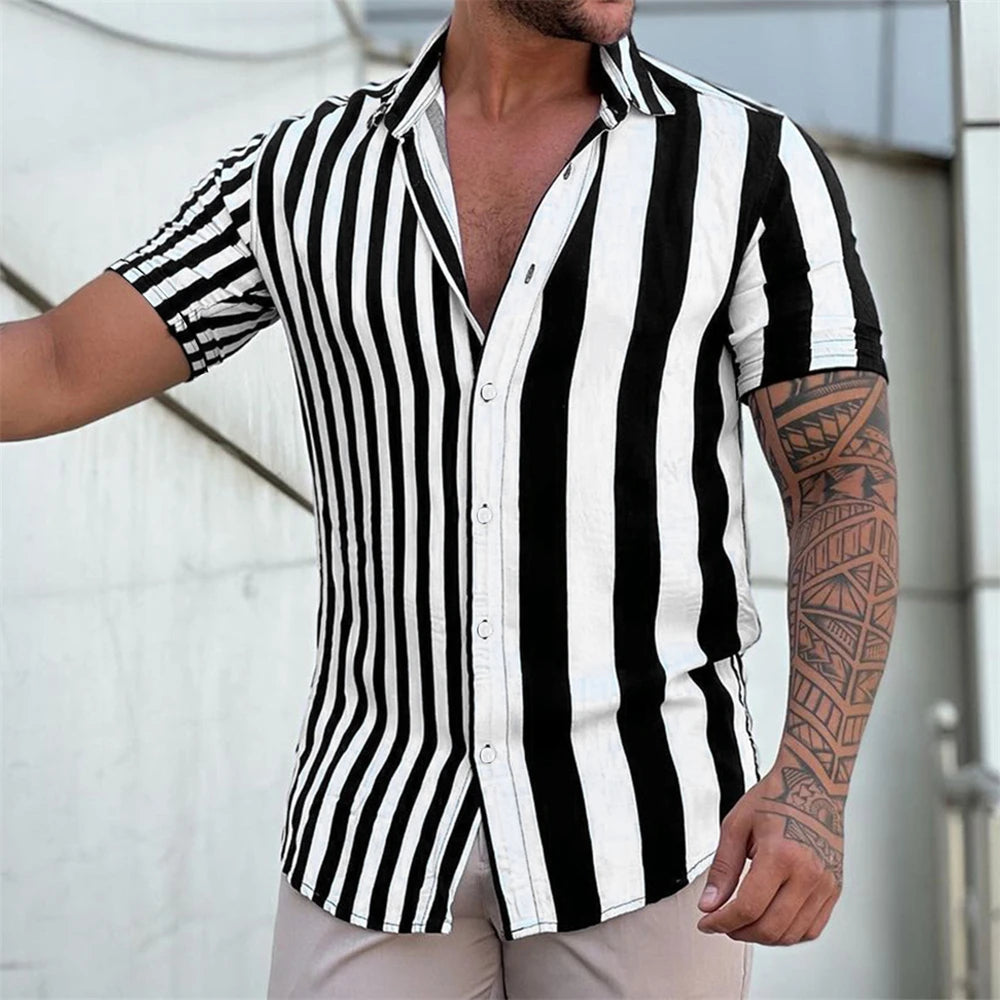 Men's Shirts Striped Shirts 3D Hawaiian Button Short Sleeve Plaid Red Top Beach Wear Black and White Shirt Men's Clothing