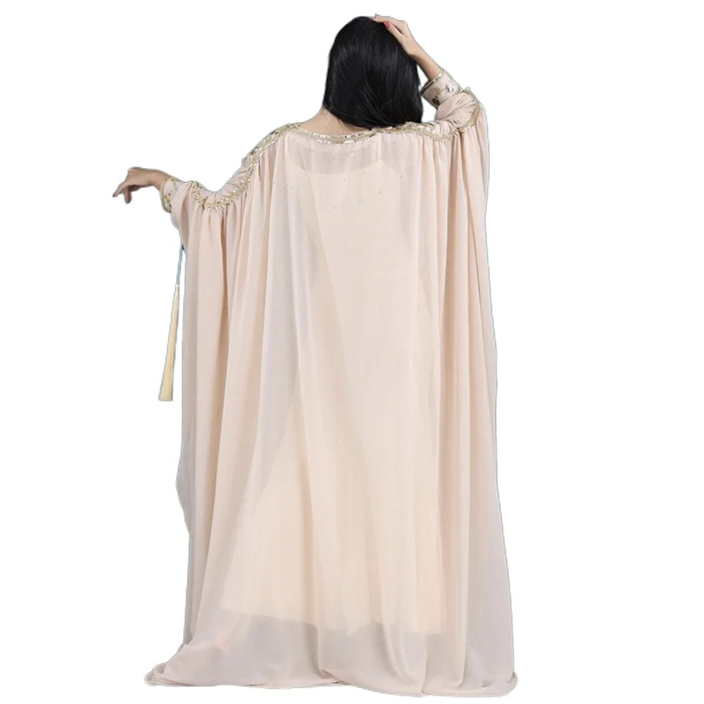 Khaleeji Gulf Dance Costume Women Gold Embroidery Kaftan Robe+Sleeveless Mermaid Slip Dress Belly Dance Performance Outfit