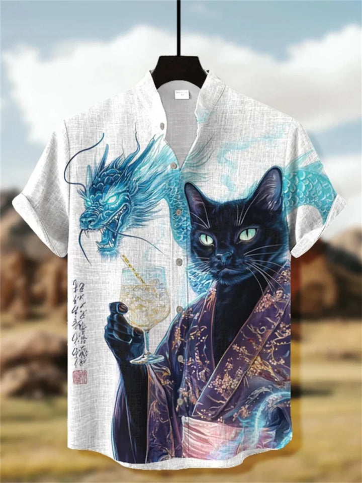 Men's Fashionable Stand-Up Collar Short-Sleeved Button-Up Cardigan Linen Breathable Hawaiian Beach Comfortable Shirt