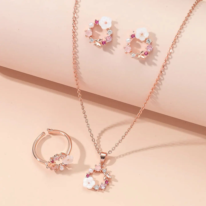 Schmuckset für Damen in Roségold mit Blumenmuster – Halskette, Ring &amp; Ohrringe