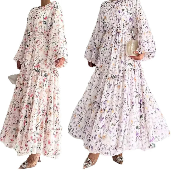 Muslim Dresses for Women Elegant Middle East Chiffon Abayas with Flowers and Belt High Waist Round Neck Summer Robe