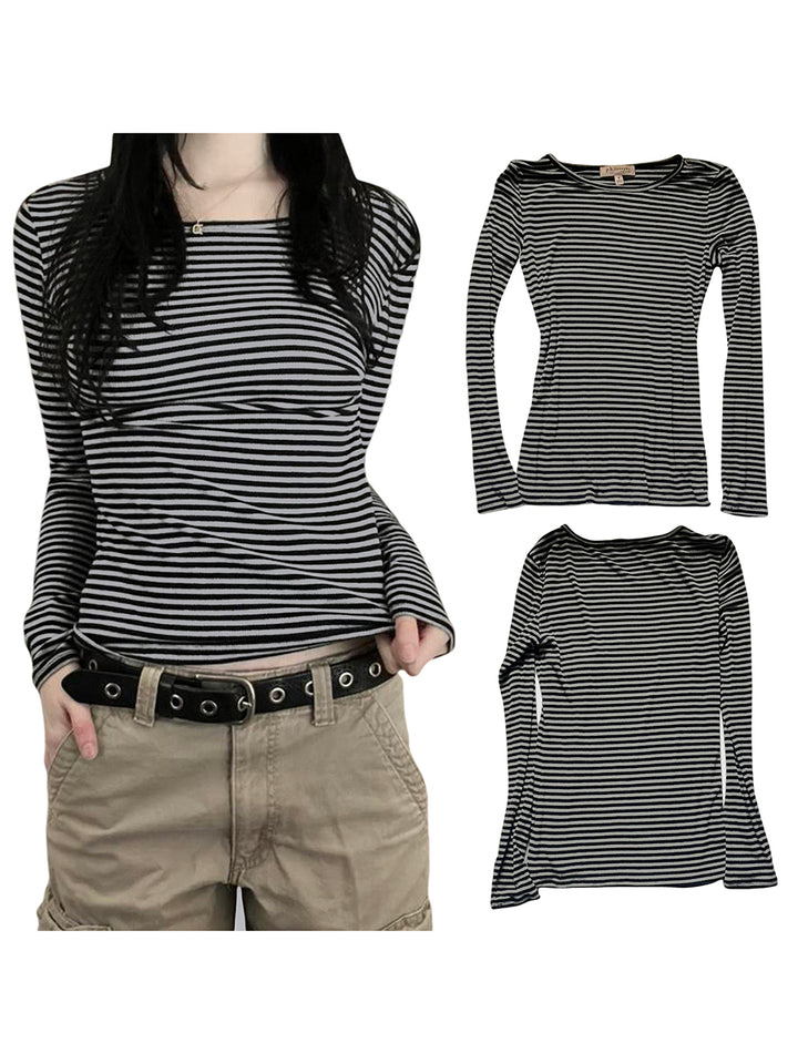 Long Sleeve Shirts for Women Fashion Casual Basic Crew Neck Striped Slim Fit T-shirt Going Out Blouses Y2K Vintage Tight Shirts