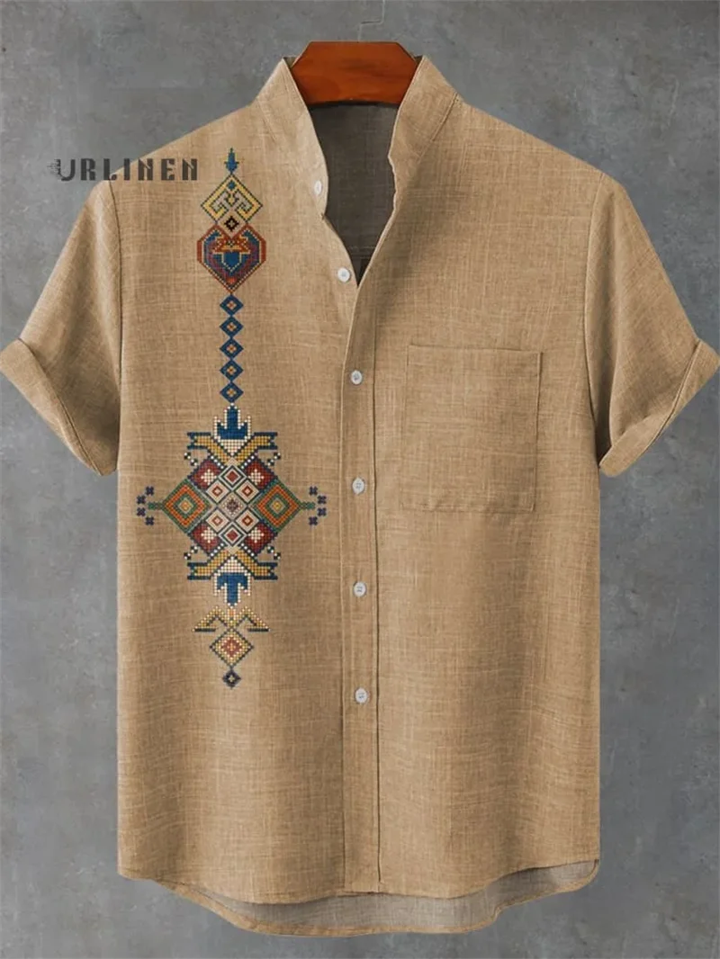 Men's Fashionable Casual Shirt Short-Sleeved 3D Printed Pattern Clothing Shirt Linen