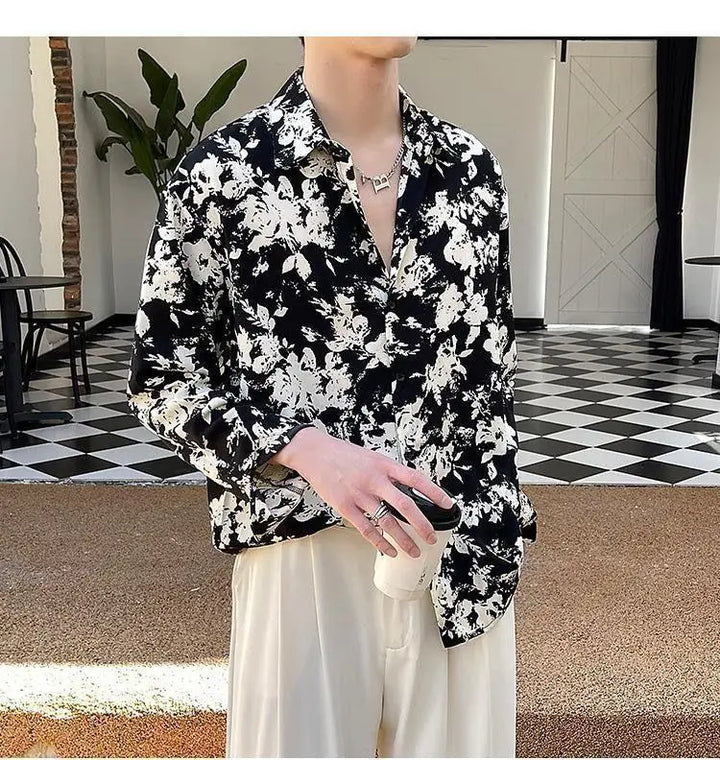 Men's Floral Shirt Men's Style New Long-sleeved Spring Autumn High-end Ice Silk Casual Loose