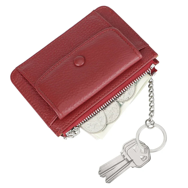 محفظة جلدية نسائية للبطاقات والعملات المعدنية مع سلسلة مفاتيح