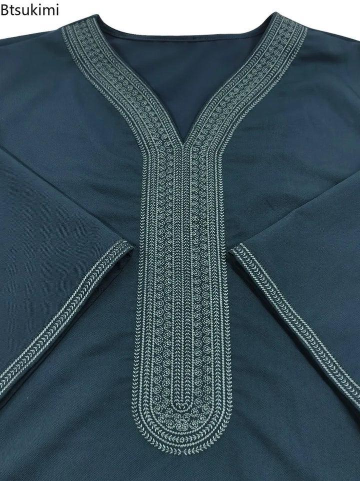 Middle East Kaftan Men's Muslim Fashion Abayas Short Sleeve Casual Robe Breathable Ethnic Style Embroidered Men Moroccan Thobe