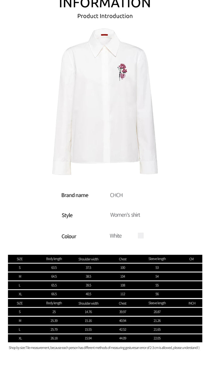 New Women Shirts Casual Long Sleeve Blouse Embroidered Flowers Elegant Lapel Loose Shirt Spring Summer Solid Office Lady Tops