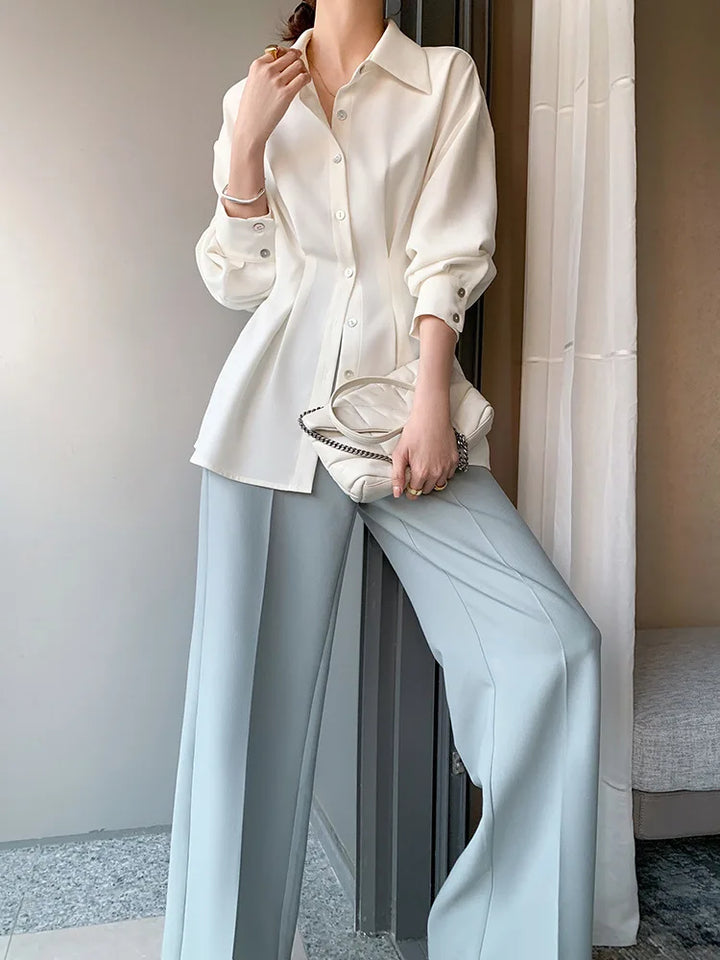 Elegant Women Shirts Woman Waist Long Sleeve Lapel Single Breasted Sashe Shirt Office Lady Business Pleated Ruched Blouses Tops