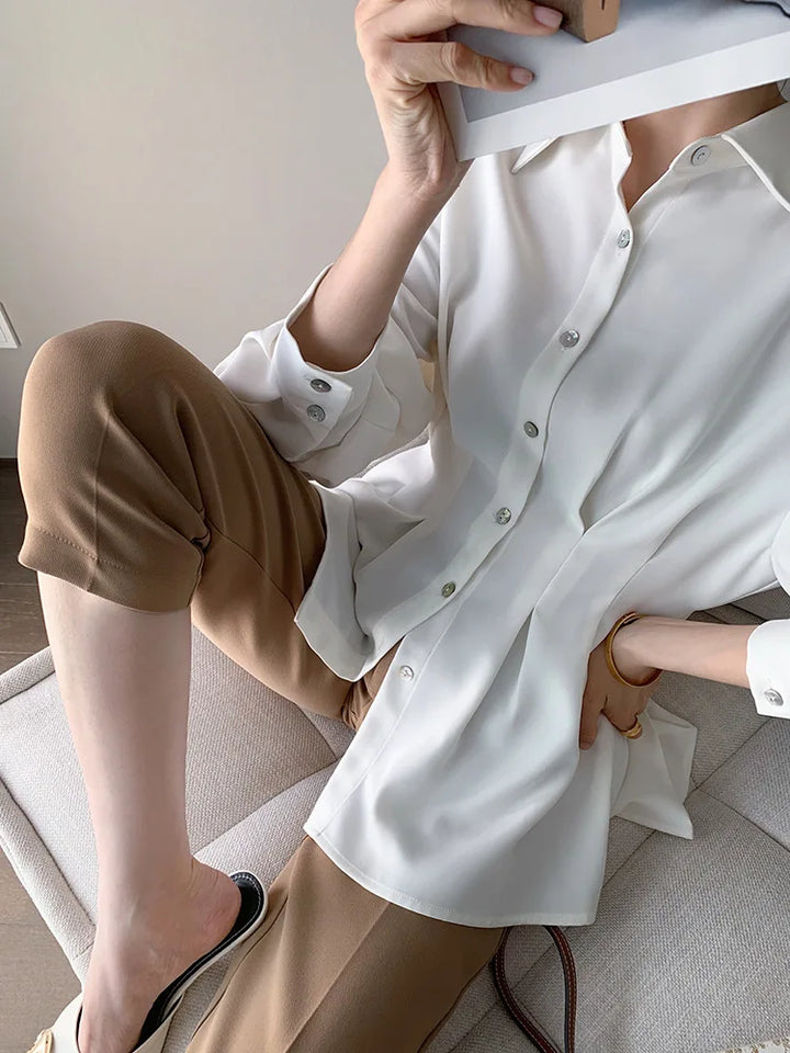 Elegant Women Shirts Woman Waist Long Sleeve Lapel Single Breasted Sashe Shirt Office Lady Business Pleated Ruched Blouses Tops