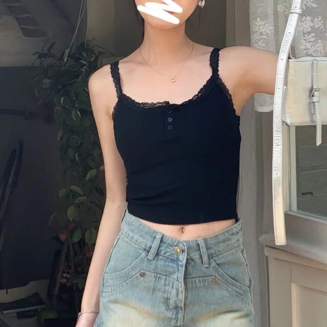 Women’s Sexy Lace Cropped Top – Sleeveless Camisole with Built-In Cups