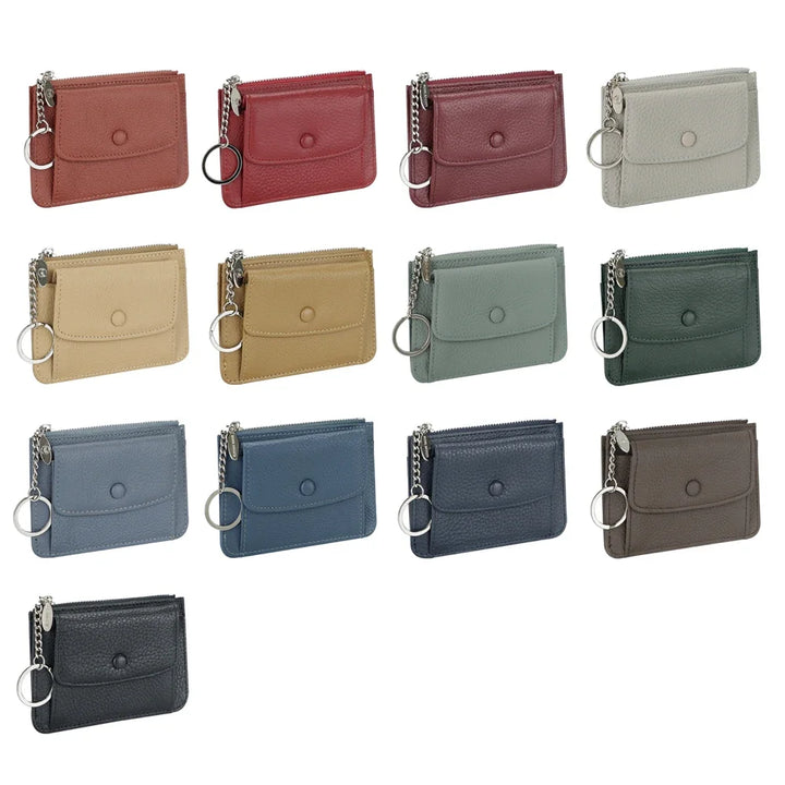 محفظة جلدية نسائية للبطاقات والعملات المعدنية مع سلسلة مفاتيح