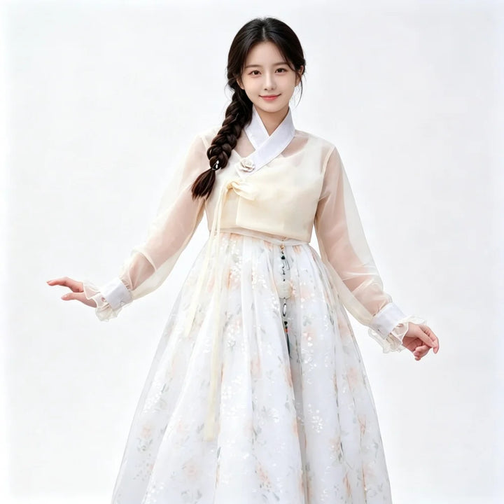 Elegant Women Hanbok Set Sheer Long Sleeve Floral Tulle Skirt Korean Traditional Dress Party Dance Photo Clothes