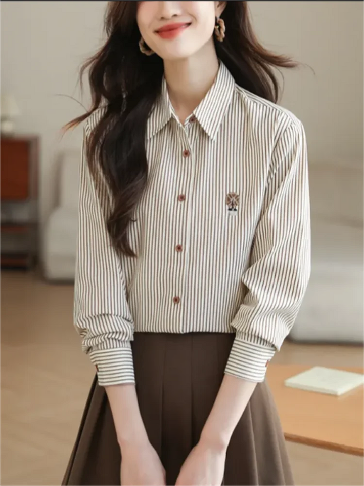 Loose Striped Shirts For Women Embroidered Blouse Spring Autumn Woman Clothes Blous Button Top Fashion Elegant Youth Female Tops
