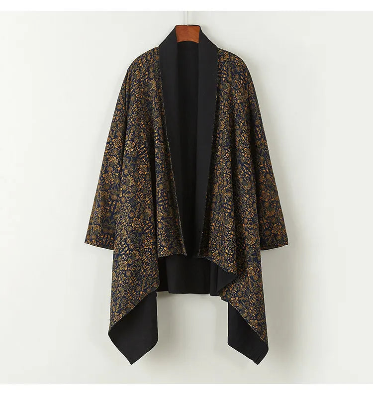 Men's Kimono Cardigan Japanese Samurai Costume Cotton Linen Haori Yukata Streetwear Retro Ethnic Robe Double-Sided Cloak Jacket
