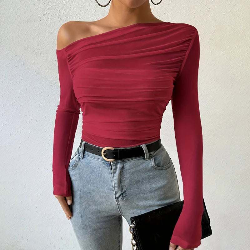 2025 Women’s Off-Shoulder Crop Top – Slim Fit Autumn/Winter Streetwear