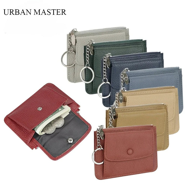محفظة جلدية نسائية للبطاقات والعملات المعدنية مع سلسلة مفاتيح
