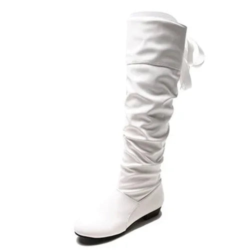 2024 Women’s Knee-High Boots – Pleated Leather, Low Heel, Casual Shoes