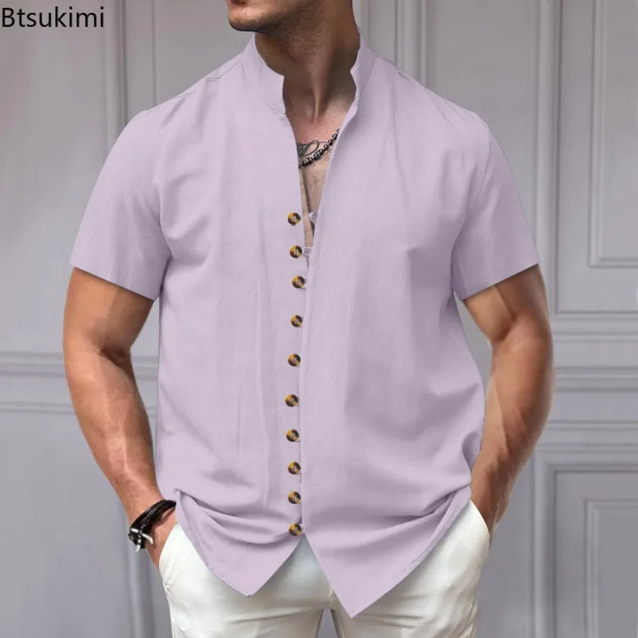 Summer New Short Sleeve Shirts for Men Fashion Solid Casual Linen Tops Breathable Stand Collar Loose Beach Blouses Men Clothing