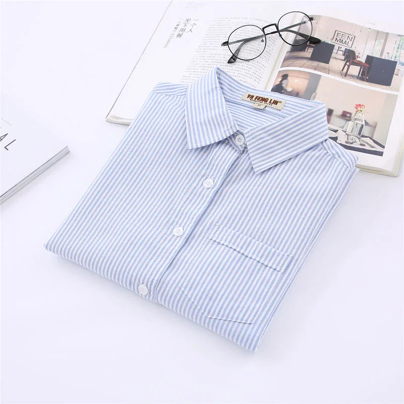 White Blue Pink Striped Shirt Women 2024 Spring New Simple Casual Long Sleeves Blouses and Tops Office Fashion Ladies Clothes