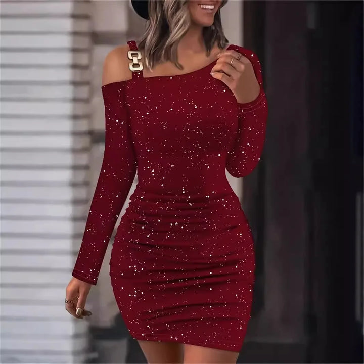 Women Dresses  Autumn Fashion New Asymmetrical Neck Long Sleeve Velvet Contrast Sequin Twisted Sexy Party Mini Bodycon Dress