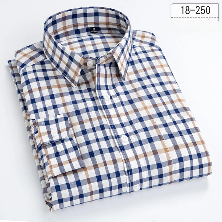New in Shirt 100% Cotton Long-Sleeve Shirts for Men Slim Fit Plain Shirt Thin Plaid Striped Tops Fashion Elegants Office Clothes