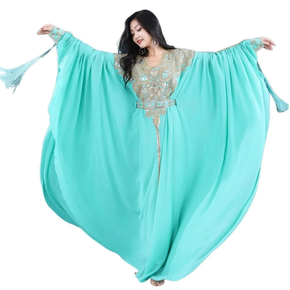 Egyptian Traditional Khaleeji Thobe Dress Folk Dance Robe Belly Dance Kaftan Rhinestone Competition Khaleegy Costume with Belt